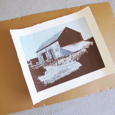 Vintage 70s Silkscreen Barn Sea Ranch Art Signed 23x19 - Landscape Rustic Blue Brown Print - Shabby Chic Farmhouse Decor 