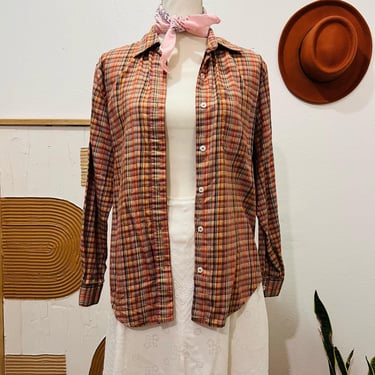 Liz Claiborne 90s Vintage Orange Plaid Cotton Long Sleeve Button Front Shirt M 