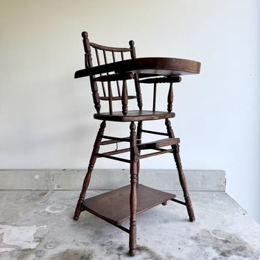 Antique French Children’s Doll Highchair Play Chair w Abacus Victorian Dark Wood Spindle Folding Convertible Collectible Toys Photo Prop 