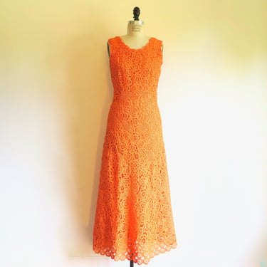 1970's Tangerine Orange Raffia Crochet Long Maxi Dress Sleeveless Style 70's Spring Summer Dresses Hippie Boho Made in Italy Size Medium 