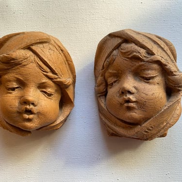 Vintage Sculpted Resin Cherub Faces, Faux Wood Carved, Children Baby Faces, Set Of 2, No Maker 