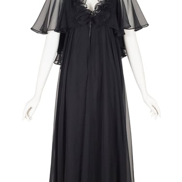 Jean Varon 1970s Vintage Black Chiffon Ruffle Evening Gown Sz XS 