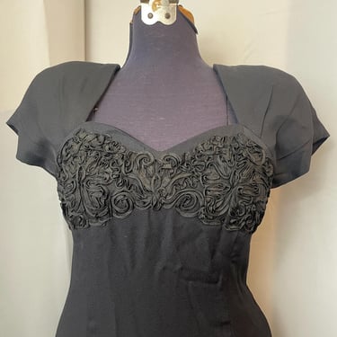 Black Dress Formal Midi Column Embellished Bodice 1980s Vintage Virgo 12 M 