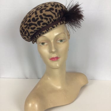 Vintage 50s hat | Vintage faux leopard feathered hat  | 1950s Henry Pollak Inc millinery 