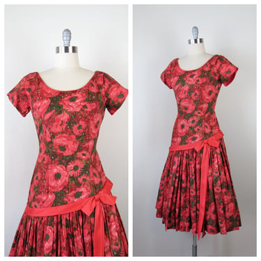 Vintage 1950s floral dress cotton fit and flare rhinestones red spring cocktail party summer wedding guest 