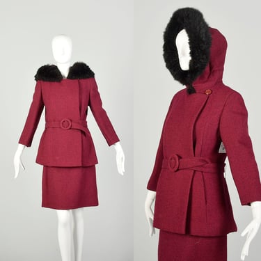 Small 1970s Raspberry Tweed Winter Ensemble Pencil Skirt Winter Coat Outfit 