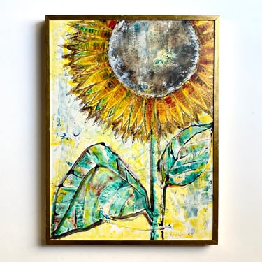 Fun Modernist Sunflower Painting, Artist Signed Griffin Vintage Mid Century MCM 