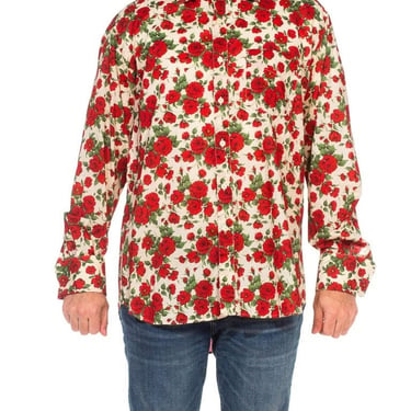 2000S Paul Smith Red Rose Floral Print Cotton Long Sleeve French Cuff Men's Shirt 
