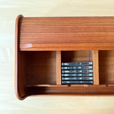 vintage teak wood cassette case tambour roll top - card file recipe holder Kalmar MCM desk organizer 