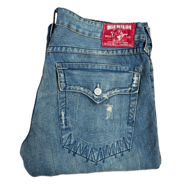 True Religion "Joey" 41x33 Twist Seam Made In USA Patchwork Flare Jeans