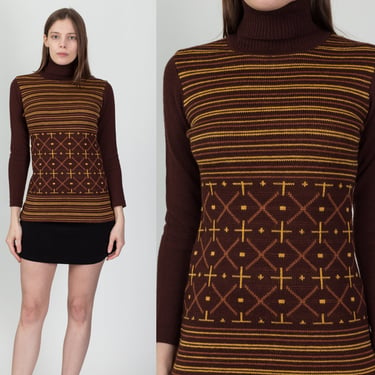 Vintage Boho Striped Knit Turtleneck Top - Small | 70s Style Longline Lightweight Sweater 