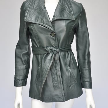 1970s forest green leather belted jacket S/M 