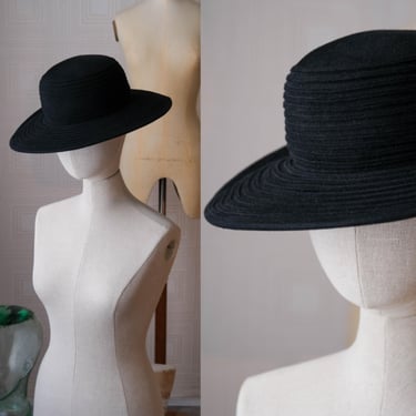 Vintage 60s FRANK OLIVE for Saks Fifth Avenue Black Velveted Soutache Ribbed Wide Bendable Brim Sun Hat | 1960s 1970s Designer Womens Hat 