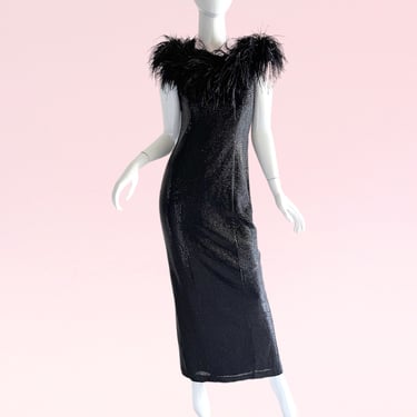 1970s 80s Vintage Ostrich Feathers Metallic Black Glamour Party Evening Gown Small 