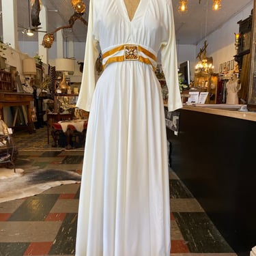 1970s maxi dress, vintage evening gown, white and gold, jeweled belt, rhinestone dress, x-small, mod hostess 