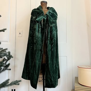 Vintage 1930s Green Silk Velvet Long Cape Coat Bow Sea Moss Velvet Ruching Deco