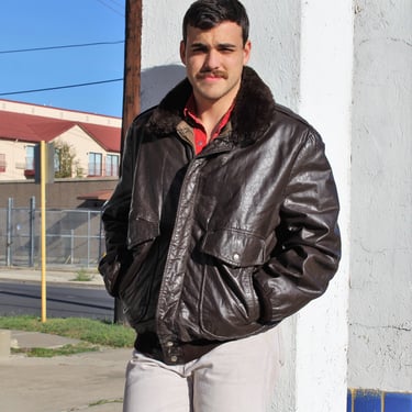 Aviator Jacket, Vintage 1980s Cooper Sportswear Bomber Jacket, Size 48 Long Men, Brown Leather Flight Jacket, Faux Fur Collar 