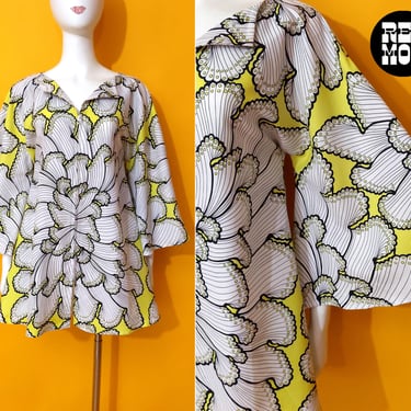 Insane Bell Sleeve Vintage 70s Yellow & White Psychedelic Patterned Mini Dress or Tunic by King James California 