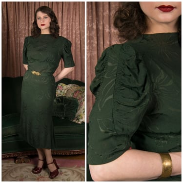 1930s Dress - Marvelous Late 1930s Dress in Deep Forest Green Crepe with Floral Satin Jacquard Motif 