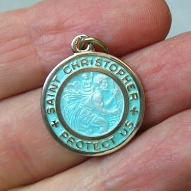 Vintage Sterling and Blue Enamel Saint Christopher Pendant, Old Sterling Regina St. Christopher Medal (#4450) 