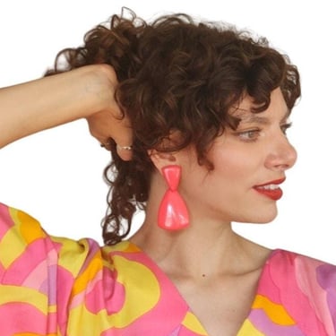 Vintage 60s Earrings Hot Pink Lucite Drop Clips Oversized 