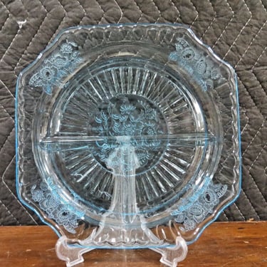 Vintage Anchor Hocking Depression Glass Grill Plate Blue Mayfair Octagon 9 1/4