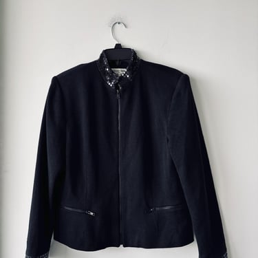 Vintage Focus 2000 Knit Jacket Full Zip Sequin Trim Black Lined Womens 8 