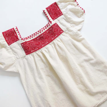 Vintage Embroidered Peasant Blouse S - 1970s White Red Floral Embroidered Cotton Top - Hippie Bohemian Clothing 