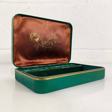 Vintage Green Farrington Jewelry Box Mauve Rose Pink Gold Floral Clamshell Travel Case Velvet Vanity Retro Storage 1950s USA Texol 
