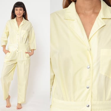 80s Yellow Jumpsuit Snap Button Up Tapered Leg Pants Pleated Vintage Chest Pocket 3/4 Sleeve Romper 1980s Basque Waist Utility Medium 