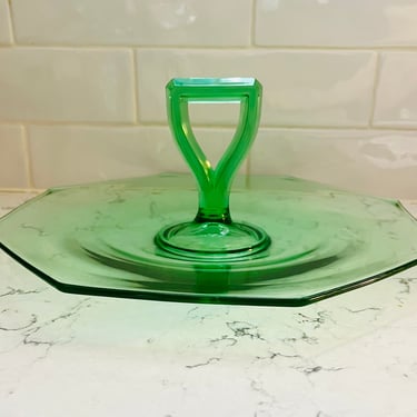 Vintage Green Glass Depression Glass 8 Side with Handle -10.5" Each Corner by LeChalet