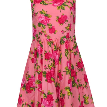 Betsey Johnson - Pink, Red &amp; Green Rose Print Sleeveless Cotton A-Line Dress Sz 6