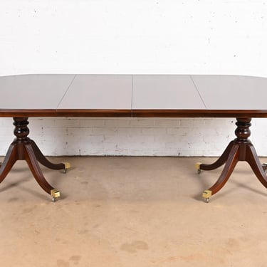 Baker Furniture Historic Charleston Georgian Mahogany Double Pedestal Extension Dining Table, Newly Refinished