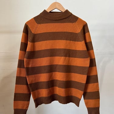 Sm Med, Vintage 1970s Striped Mock Neck Sweater, Pullover, Orange Brown, S3 