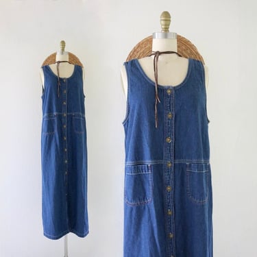 button front denim dress - m - vintage 90s y2k womens long maxi blue jean size medium sleeveless sprint summer sun dress 
