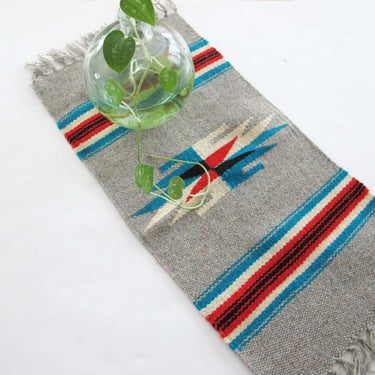 Vintage 50s Southwestern Woven Tapestry - Southwest Wool Runner Placemat - Gray Red Blue Navajo Fringed Western Desert Boho Decor 