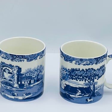 Spode Blue Italian 9 oz Coffee Mugs, Set of 2, Fine Porcelain - Blue White- Nice Condition 