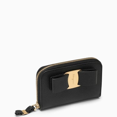 Ferragamo Vara Black Leather Zip-Around Wallet With Bow Women
