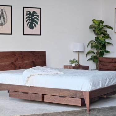 Wood Platform Storage Bed | Walnut Bed | Modern Shaker Platform Bed with Storage | Mid Century Modern Wooden Bedframe | Mid Century Bed 