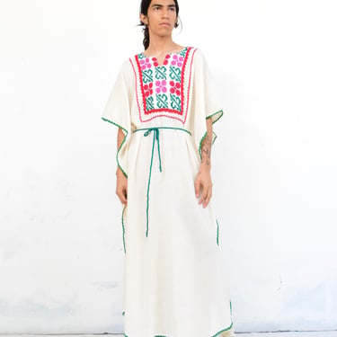 Vintage Hand Embroidered Huipil. Kaftan Dress. 