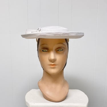 Vintage 1950s Ivory Linen Pancake Hat, Wide Brim Mid-Century Fabric Boater, Vintage Spring Summer Fashion, One Size 