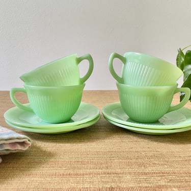 Vintage Fire King Jadeite Cup and Saucer Set - Restaurant Ware - Jane Ray Cups & Saucers -Jadeite Bowls- Jade-ite Oven Ware - Anchor Hocking 