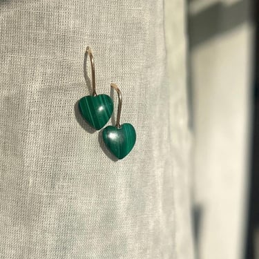 Tiny Malachite Heart Dangle Earrings in 14k goldfill 