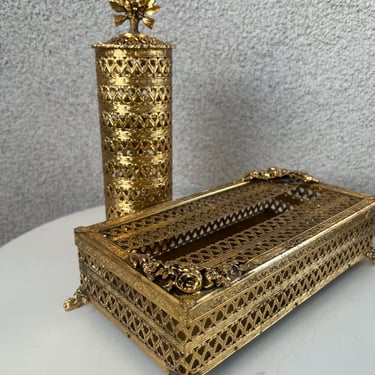 Vintage Hollywood Regency Tissue Box Cover & hairspray Bottle Cover Set Gold filigree 