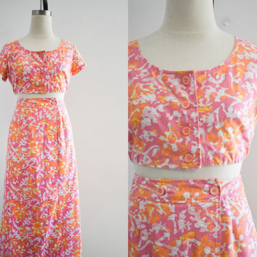 1960s Pink and Orange Printed Crop Top and Maxi Skirt 