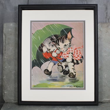 Ruth E. Newton Illustration Kittens in the Rain | 1930s Vintage Art | Matted & Framed to Fit Standard 11x14