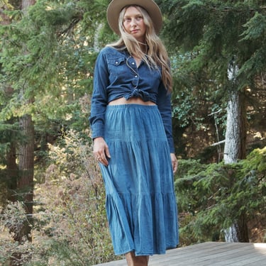 Vintage 80's Chambray Maxi Skirt, Women's Medium Tiered Hand Dyed Indigo Cotton Western Skirt 