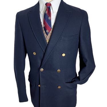 Vintage 1960s/1970s LORD & TAYLOR Double-Breasted Navy Blazer ~ size 36 to 38 ~ jacket / sport coat ~ Gold Buttons ~ Wool Flannel 