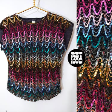 Rainbow Statement Top - Vintage 70s 80s Colorful Sequin Zig Zag Stripe Crop Top 