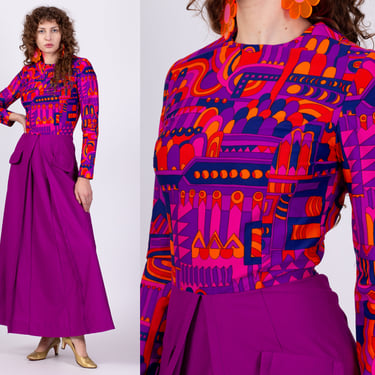 70s Vibrant Pink & Purple Maxi Dress - Small to Medium | Vintage Abstract Print Long Sleeve Hostess Party Dress 